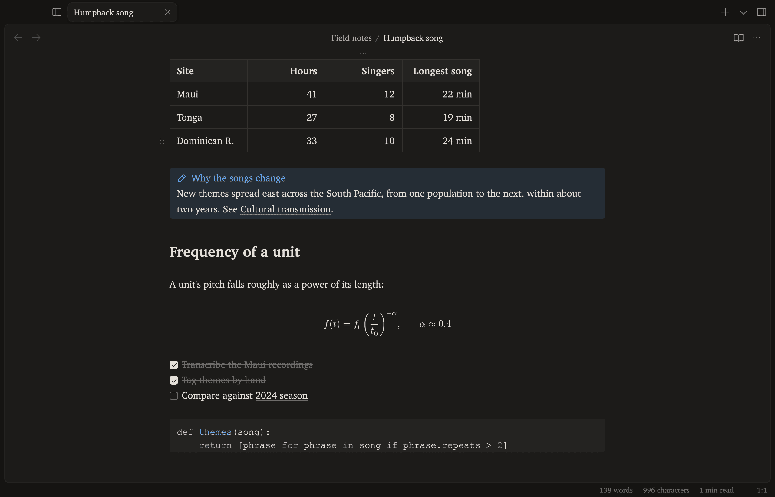 The same note further down, with a rendered power-law equation, ticked tasks and a Python code block.