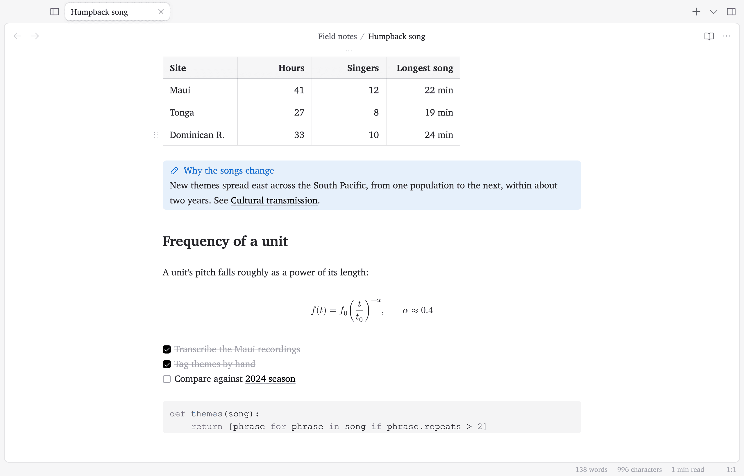 The same note further down, with a rendered power-law equation, ticked tasks and a Python code block.