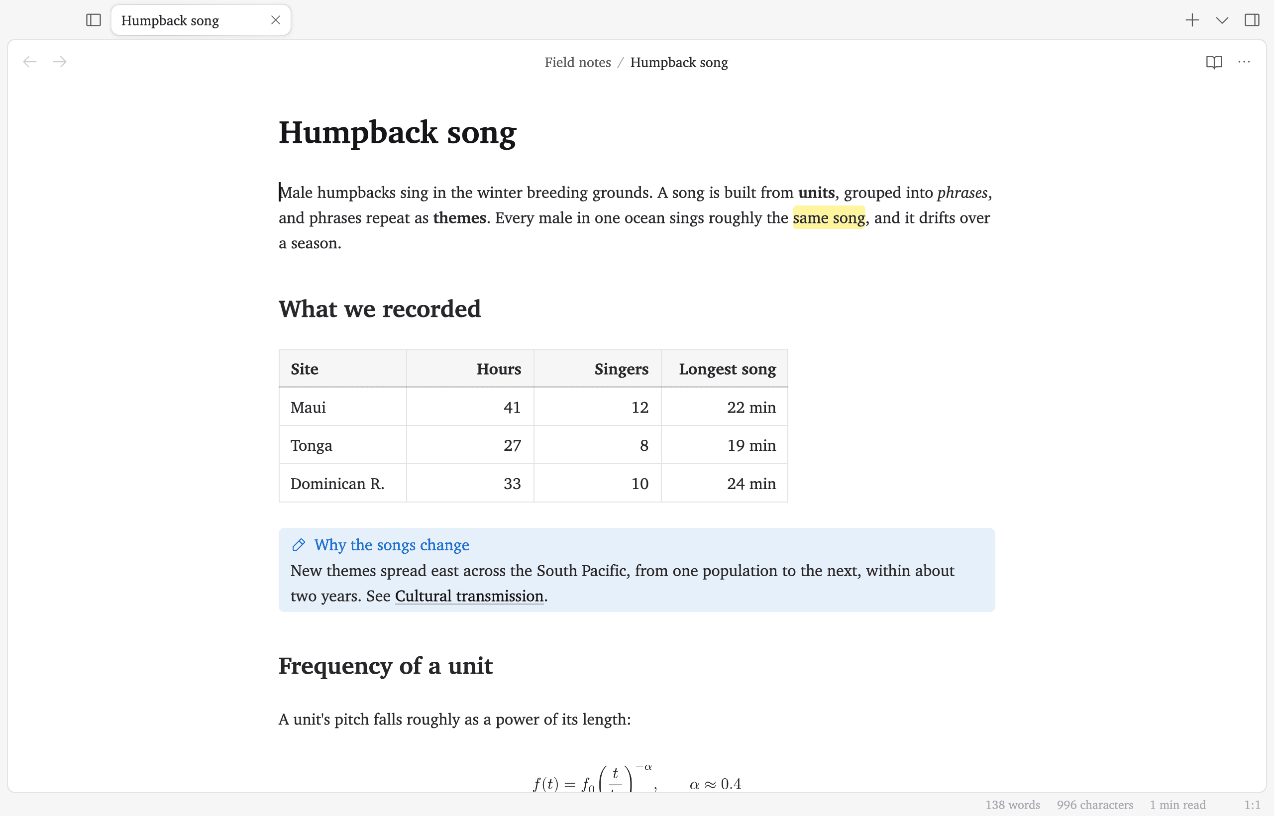 A note with a heading, a highlighted phrase, a table of recording sites and a note callout.